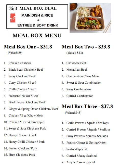 Menu, Amy's Cookin Chinese Take-away Shop