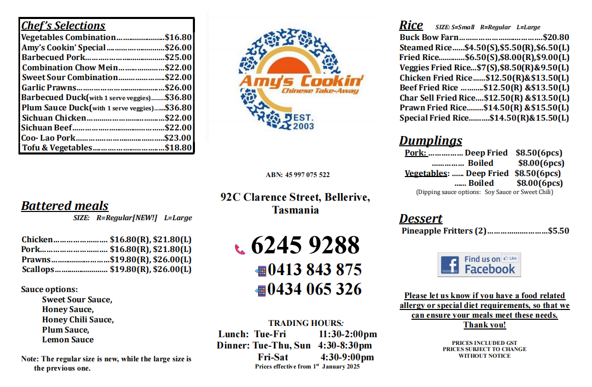 Menu, Amy's Cookin Chinese Take-away Shop