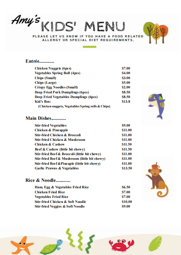 Menu, Amy's Cookin Chinese Take-away Shop