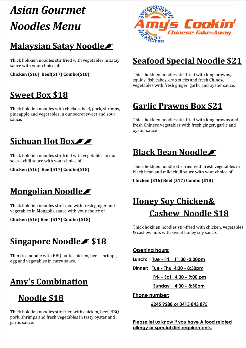 Menu, Amy's Cookin Chinese Take-away Shop