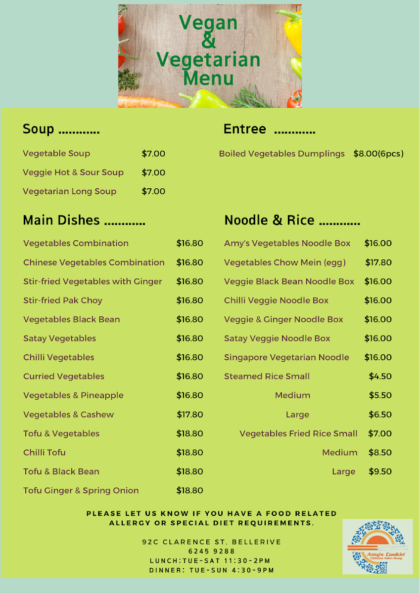 Menu, Amy's Cookin Chinese Take-away Shop