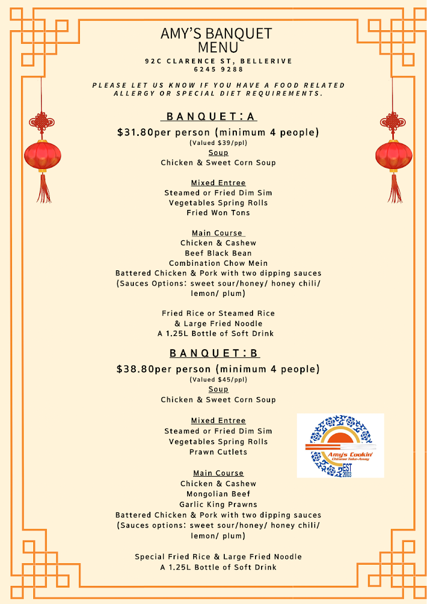Menu, Amy's Cookin Chinese Take-away Shop