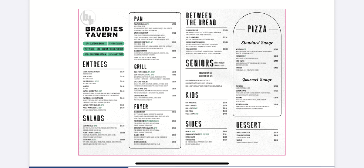 Menu, Braidie's Tavern