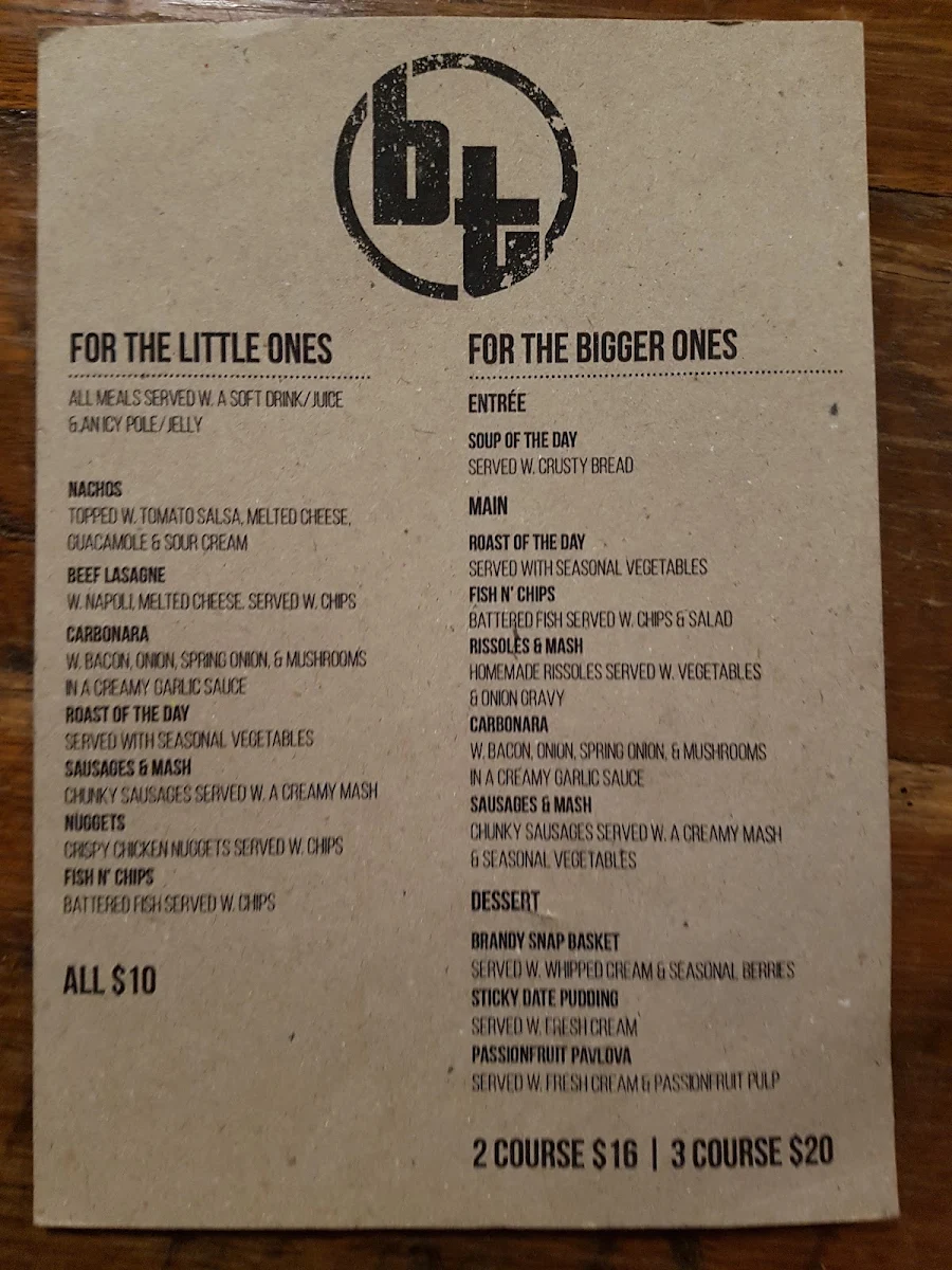 Menu, Braidie's Tavern
