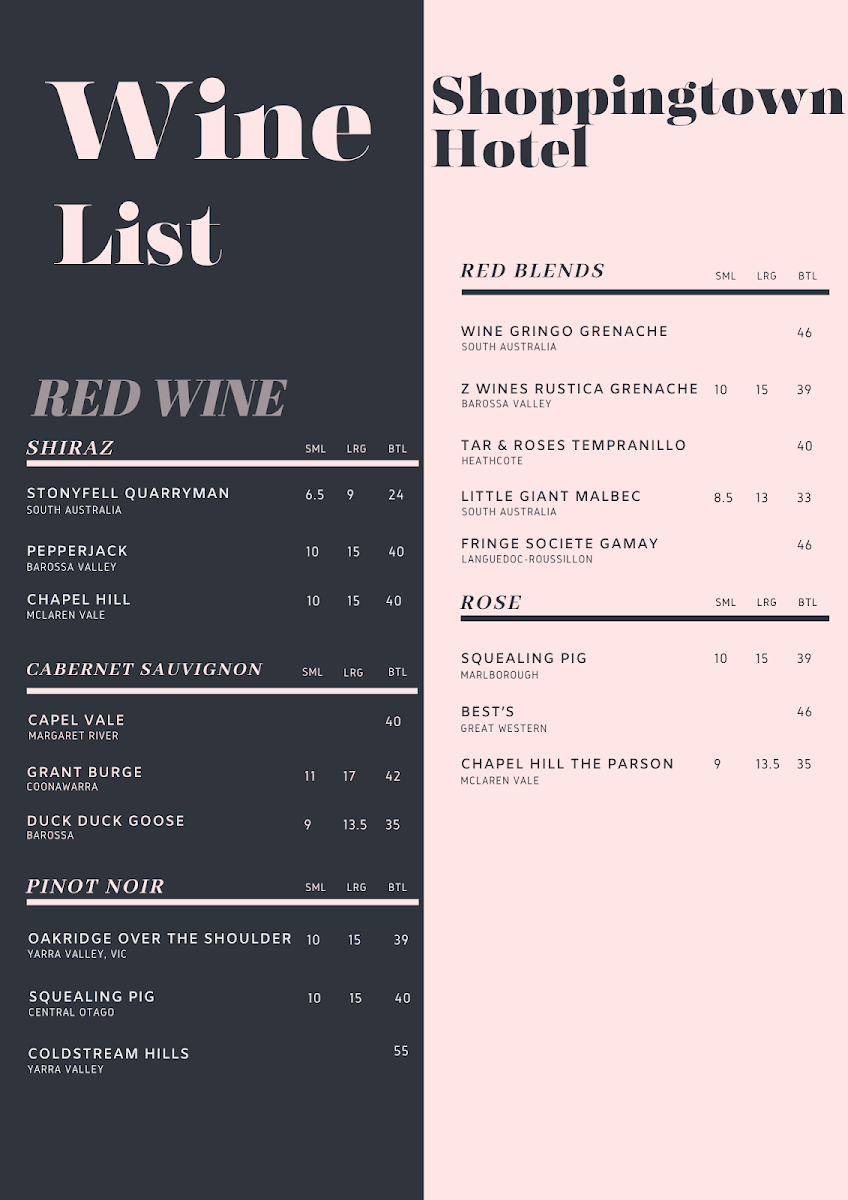 Menu, Shoppingtown Hotel