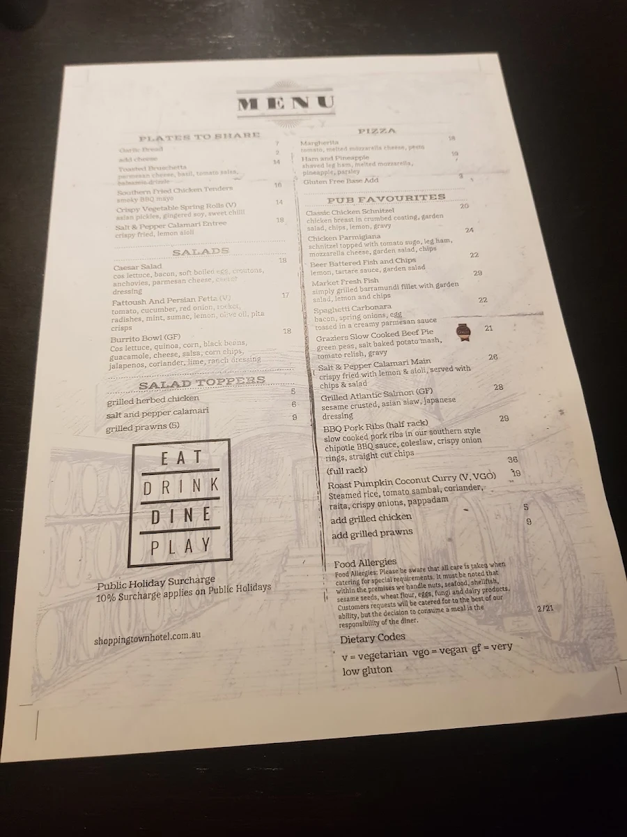 Menu, Shoppingtown Hotel