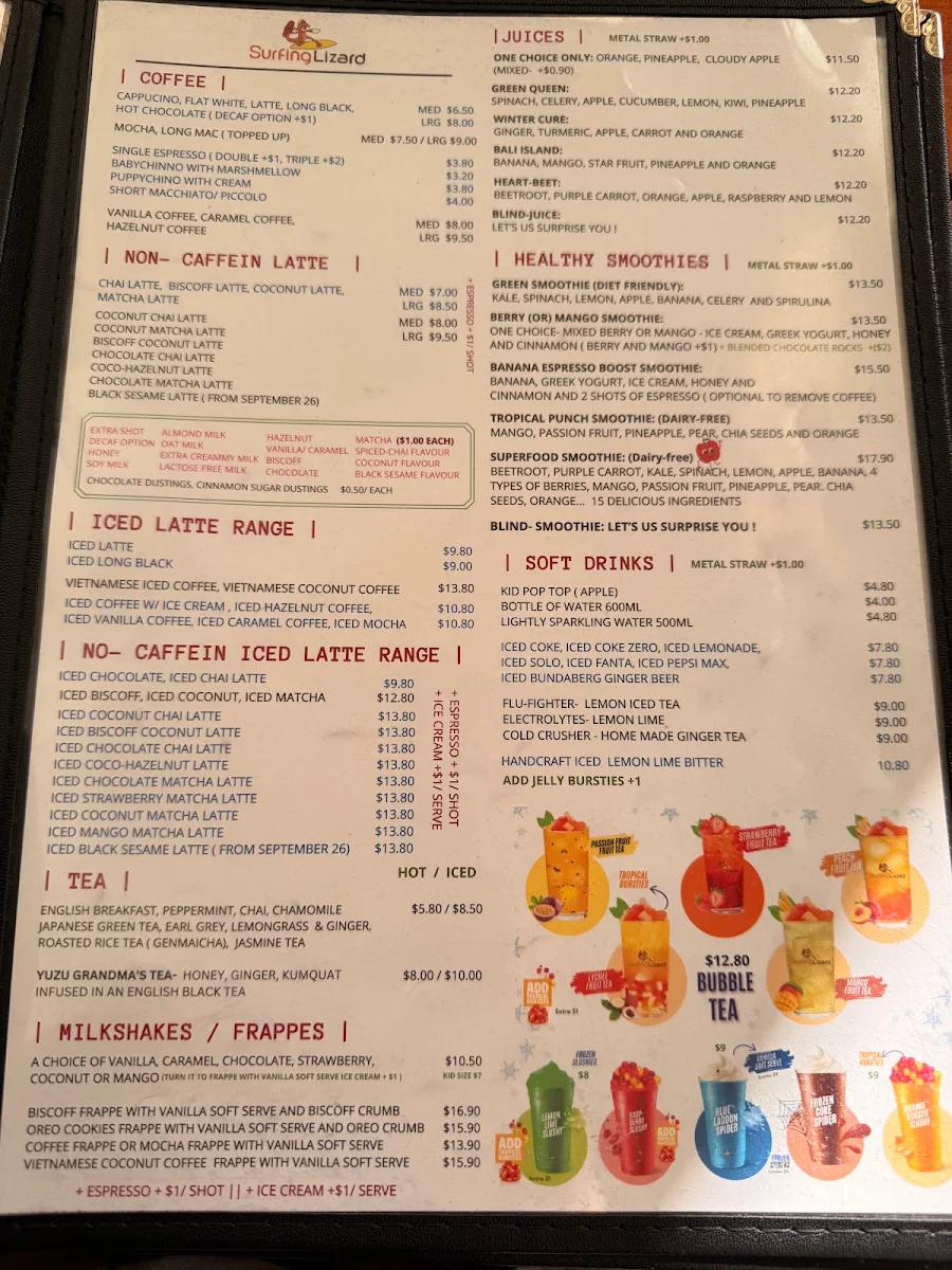 Menu, Surfing Lizard - Coogee