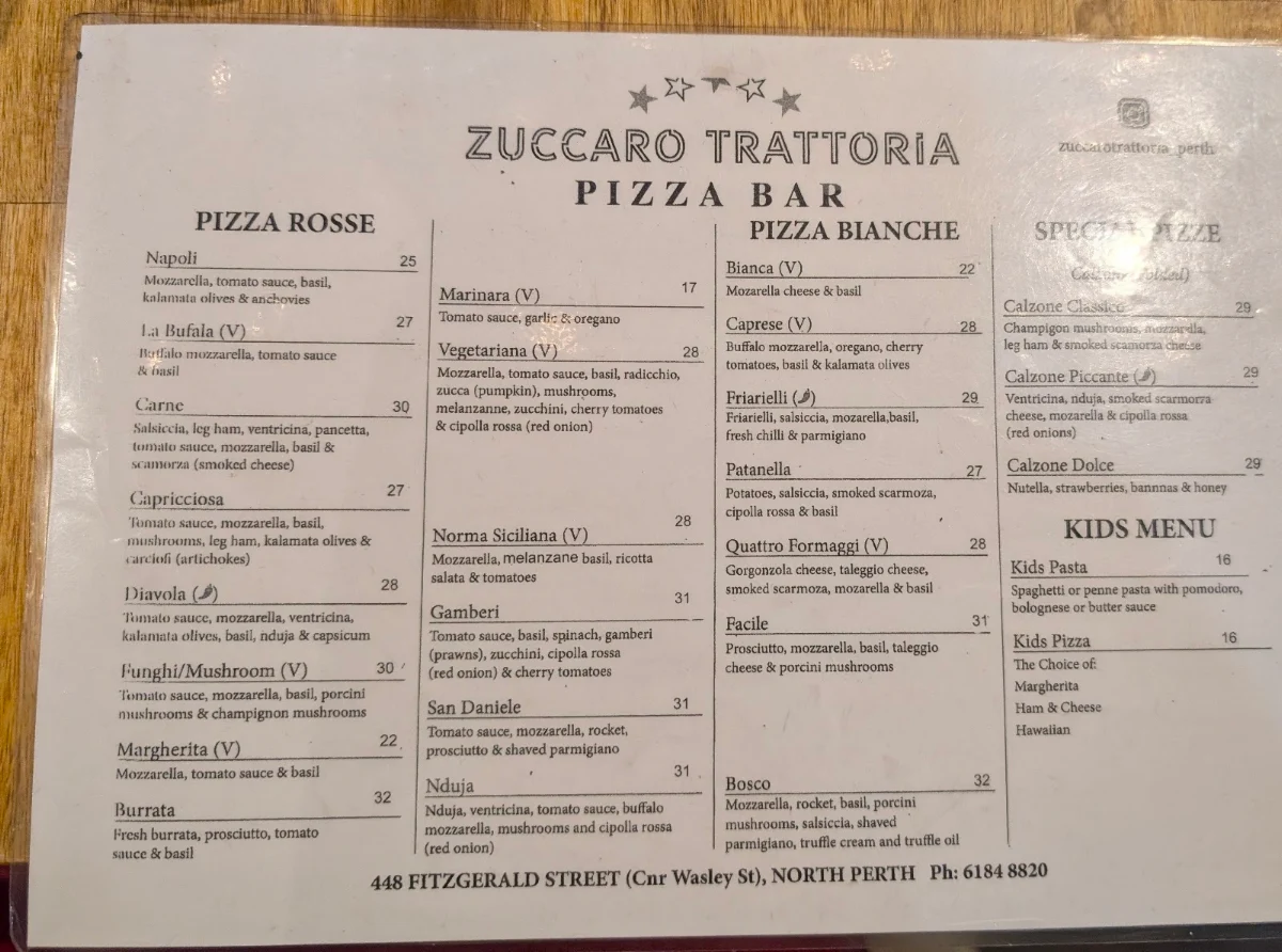 Menu, Zuccaro Trattoria Pizza Bar