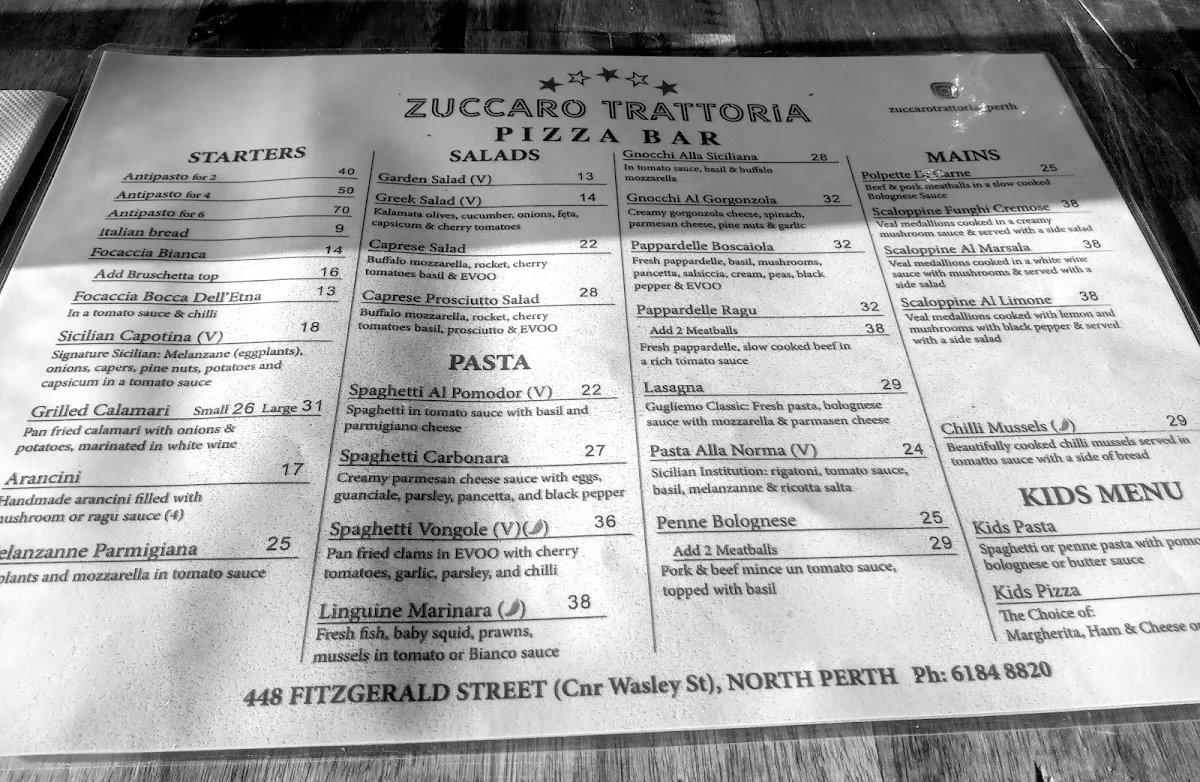 Menu, Zuccaro Trattoria Pizza Bar