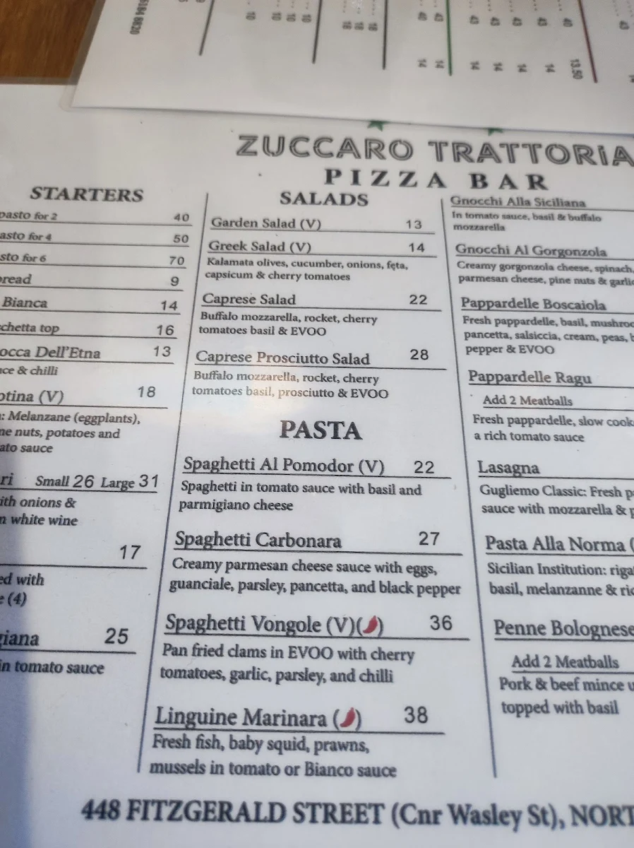 Menu, Zuccaro Trattoria Pizza Bar