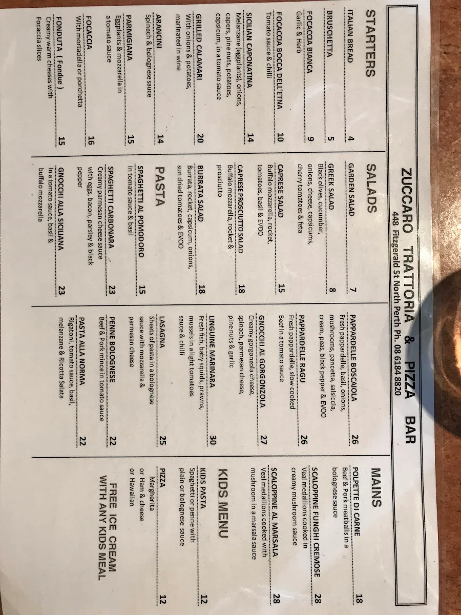 Menu, Zuccaro Trattoria Pizza Bar