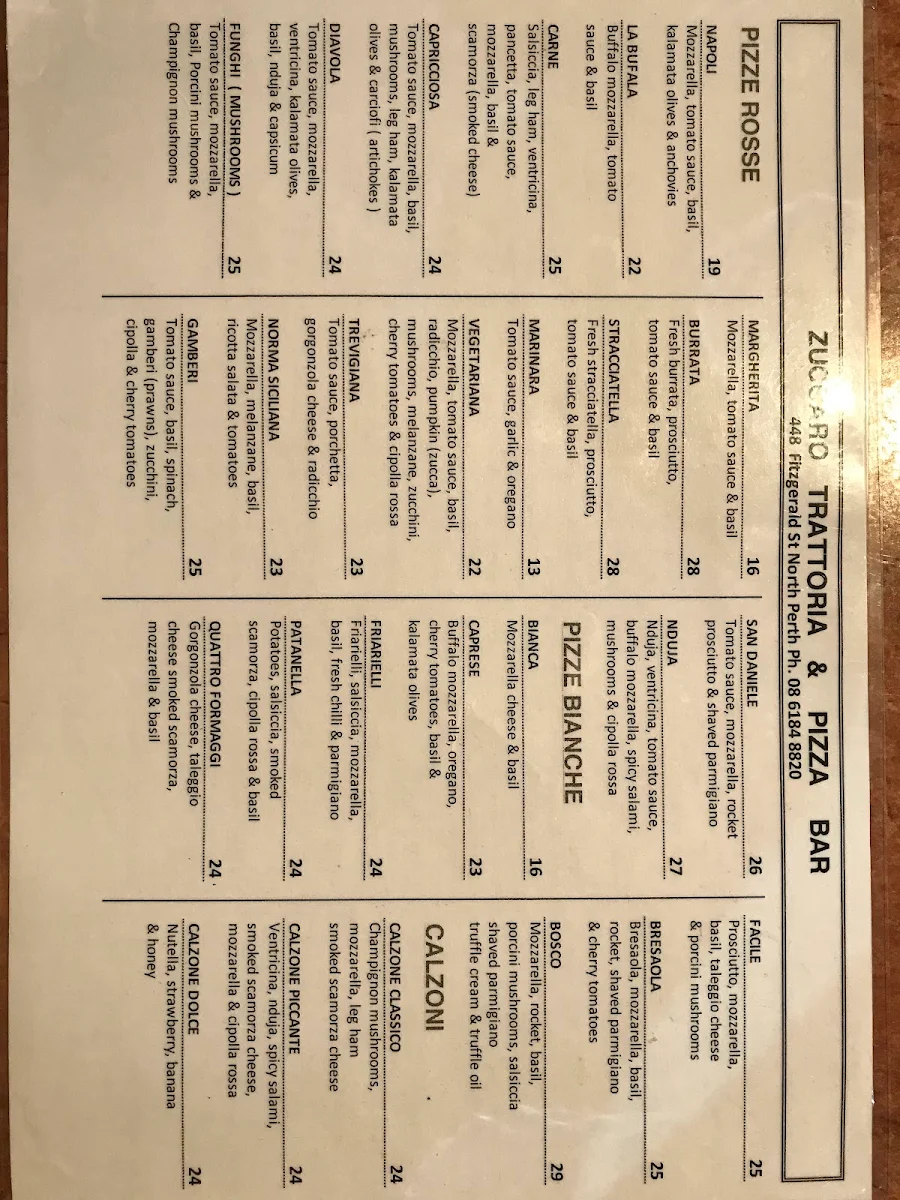 Menu, Zuccaro Trattoria Pizza Bar