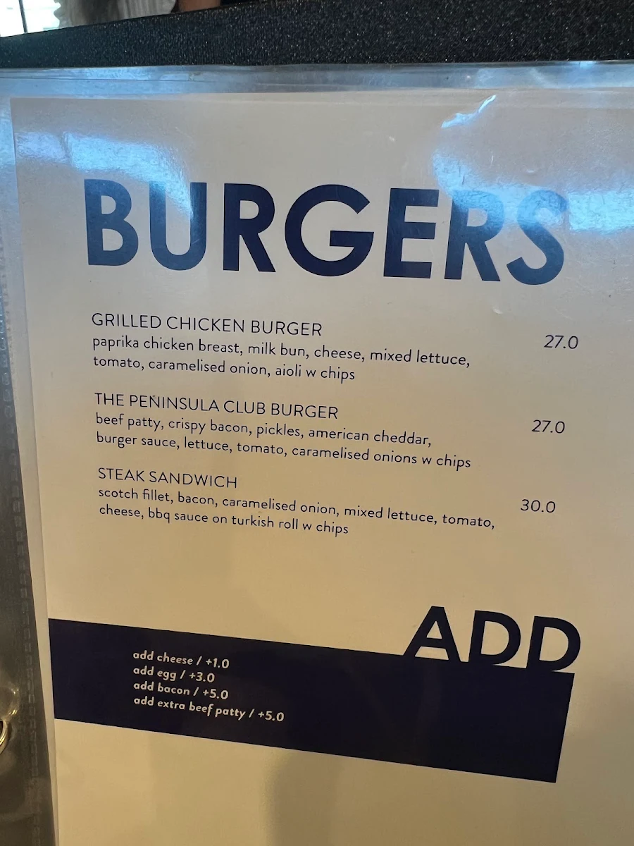 Menu, Peninsula Club