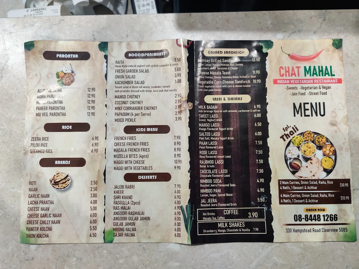 Menu, Chatmahal sweets and indian restaurant