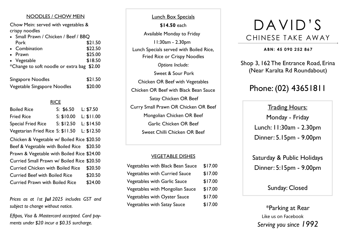 Menu, David's Chinese Take Away