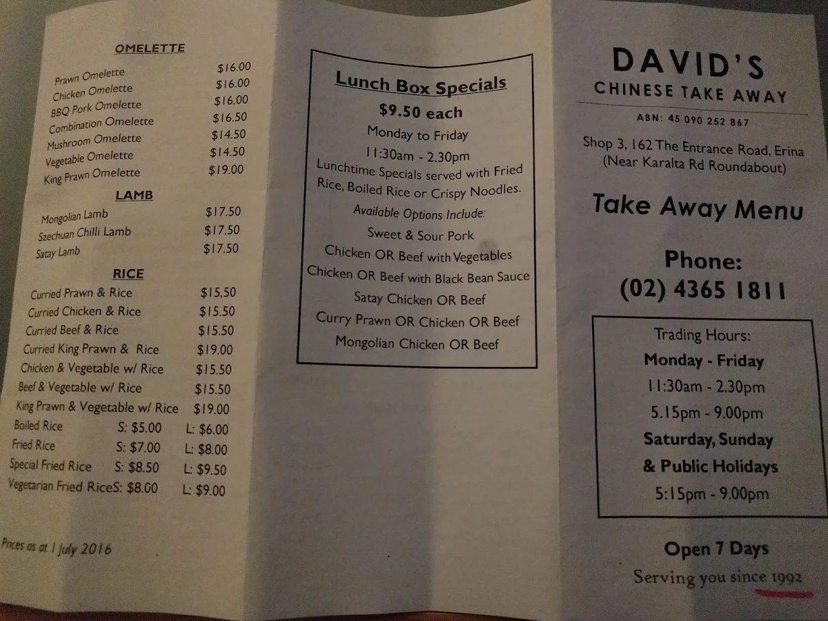 Menu, David's Chinese Take Away