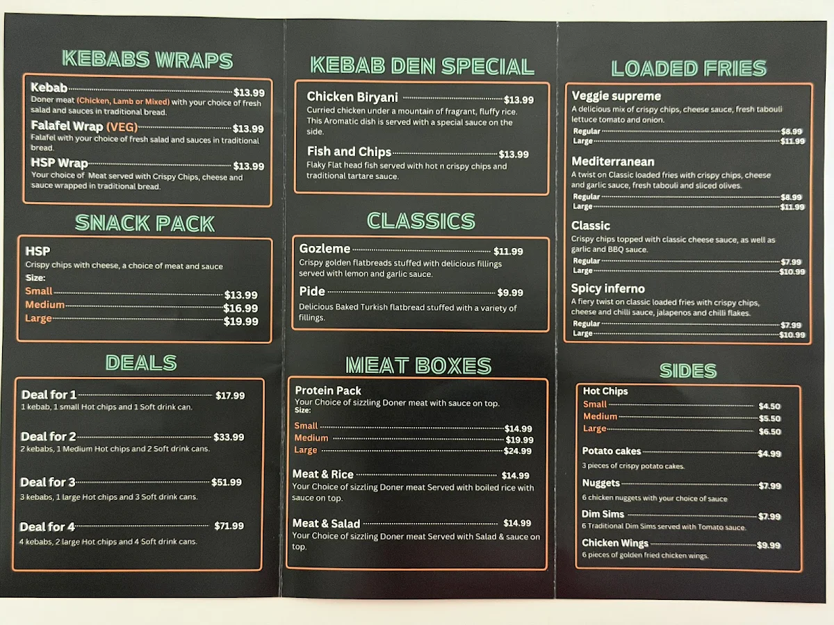 Menu, Kebab Den