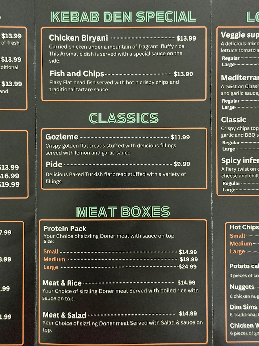 Menu, Kebab Den