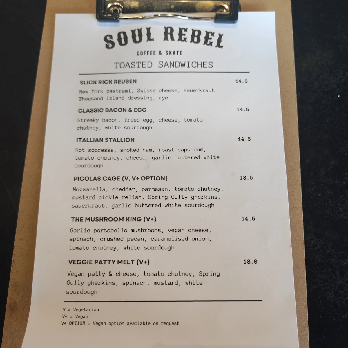 Menu, Soul Rebel Coffee & Skate