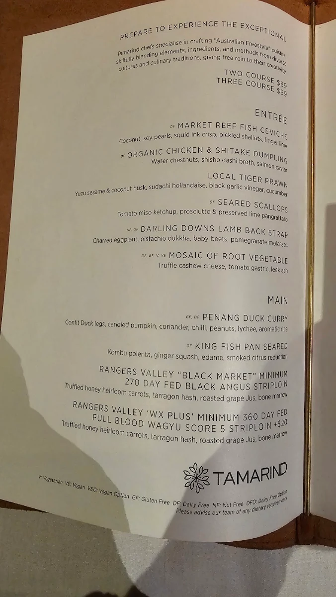Menu, Tamarind Restaurant