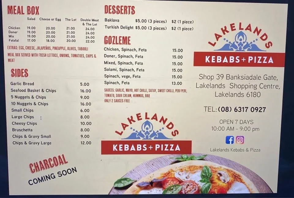 Menu, Lakeland Kebabs & Pizza