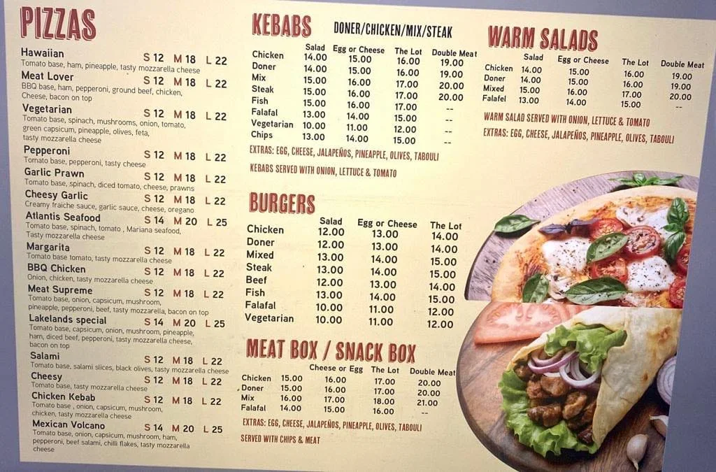 Menu, Lakeland Kebabs & Pizza
