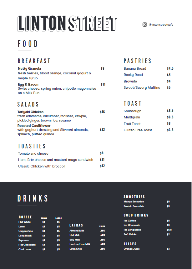 Menu, Linton Street Cafe