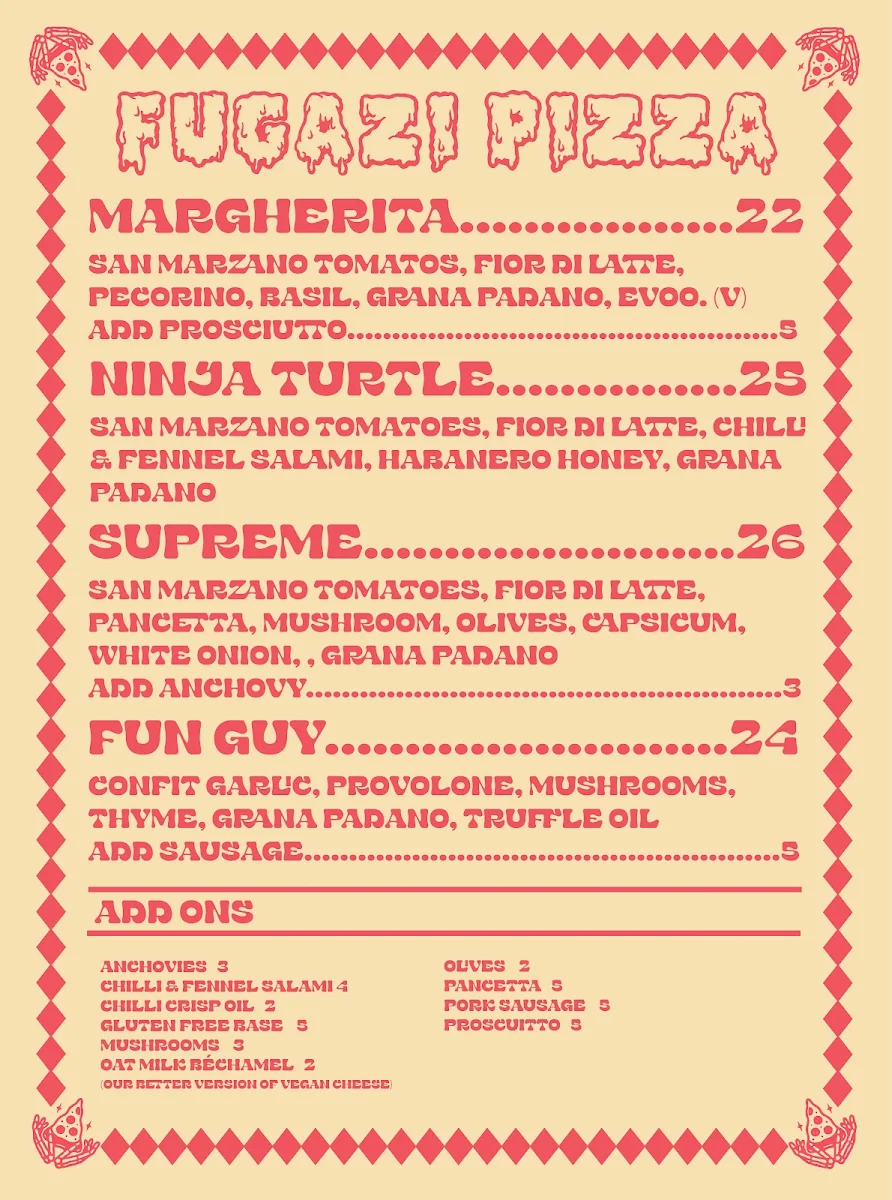 Menu, Fugazi Pizza