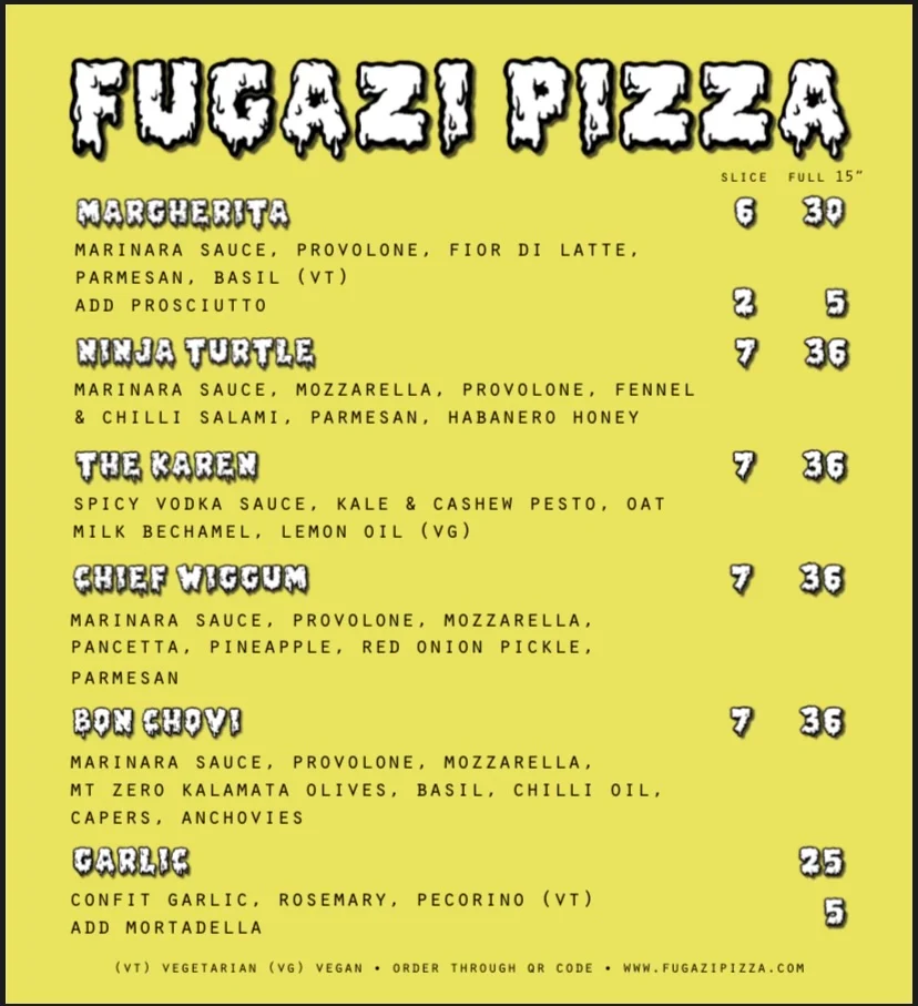 Menu, Fugazi Pizza