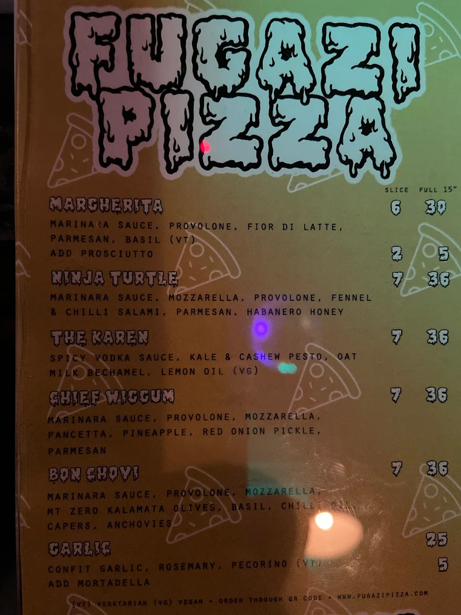 Menu, Fugazi Pizza