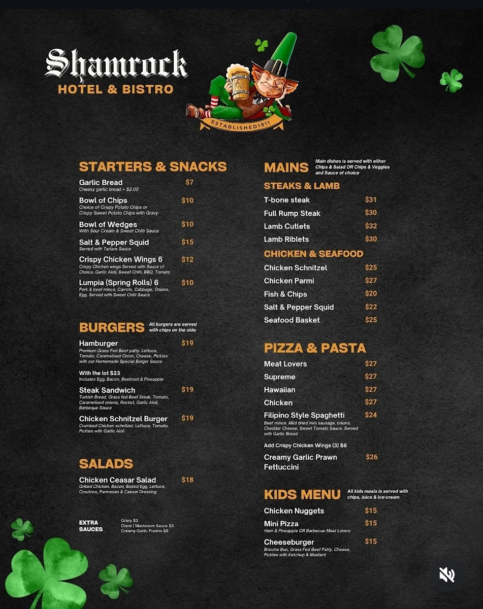 Menu, Shamrock Hotel Greenethorpe