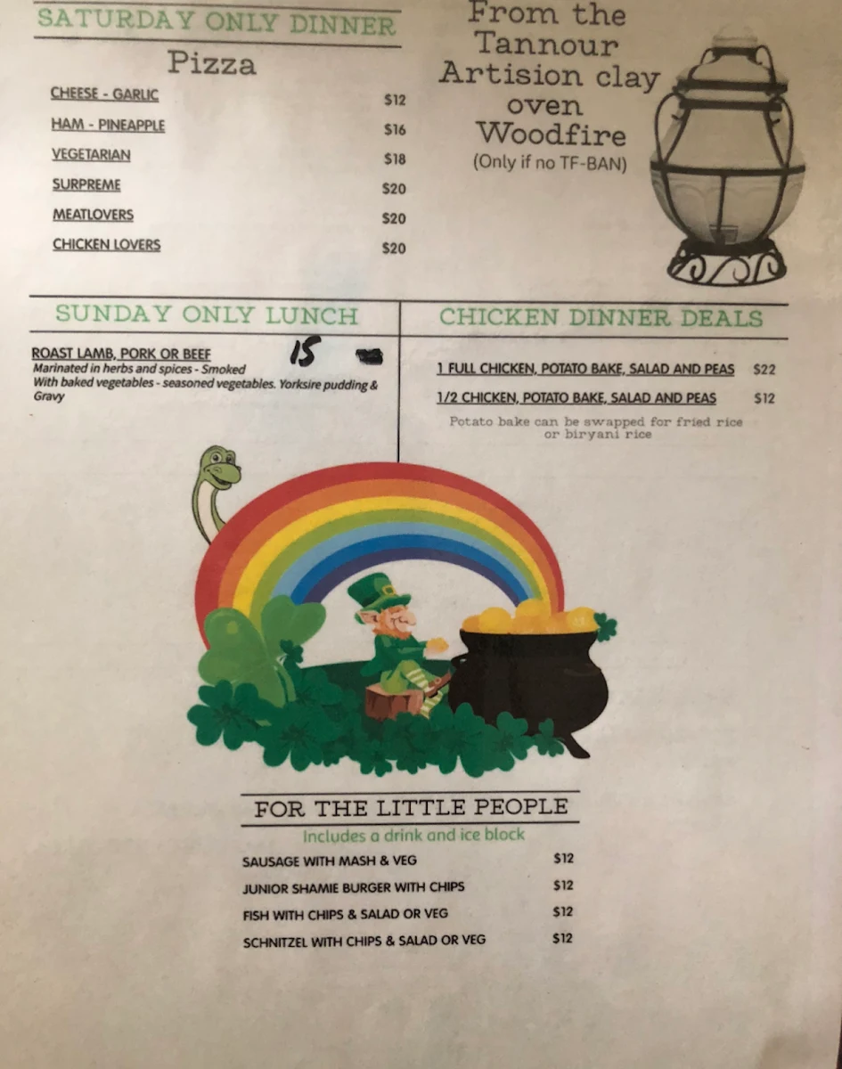 Menu, Shamrock Hotel Greenethorpe