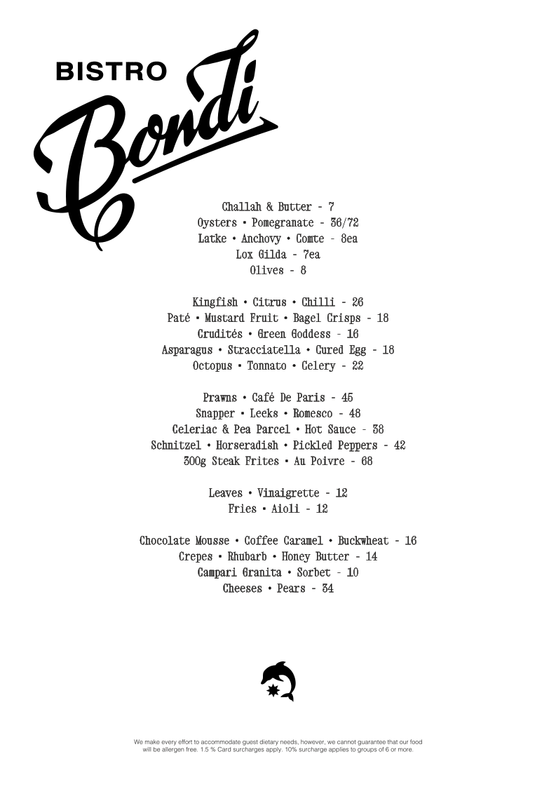 Menu, Bistro Bondi