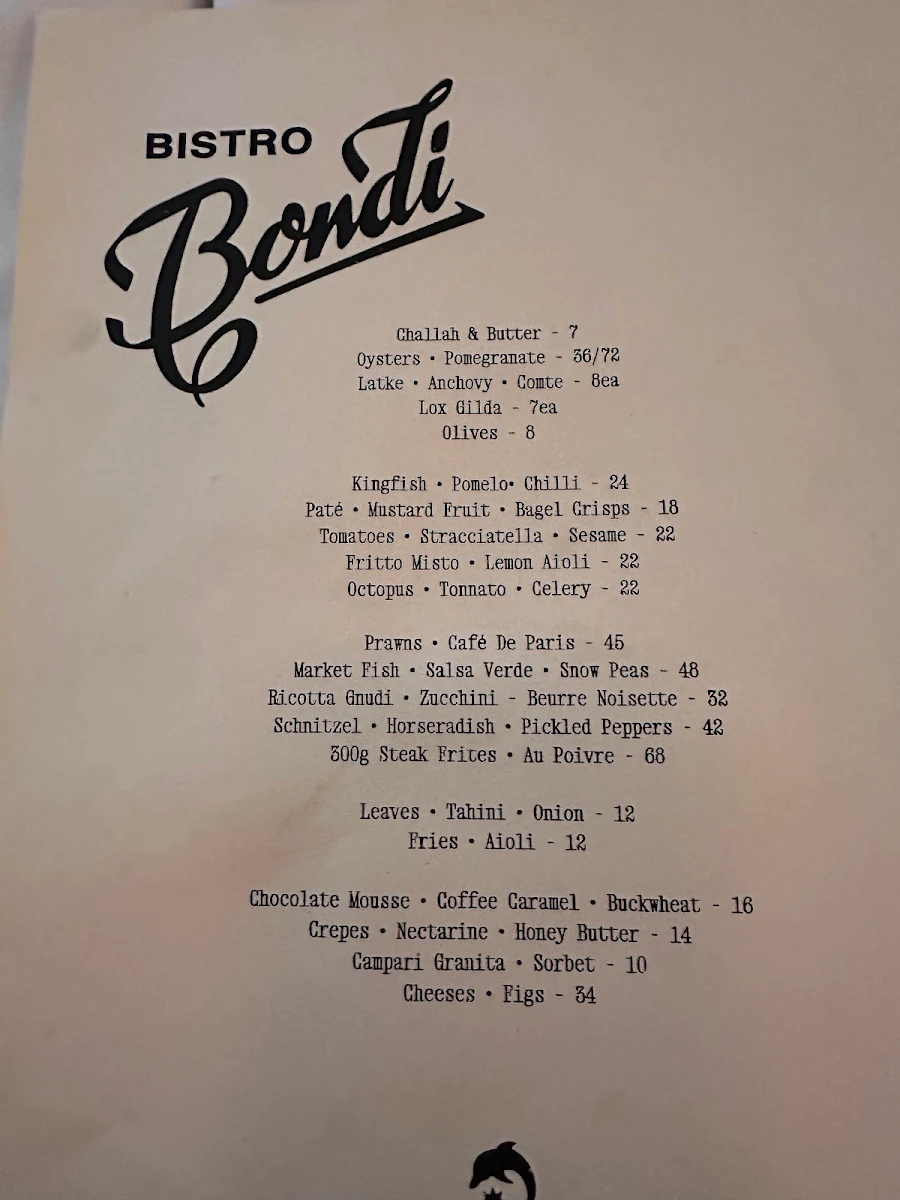 Menu, Bistro Bondi