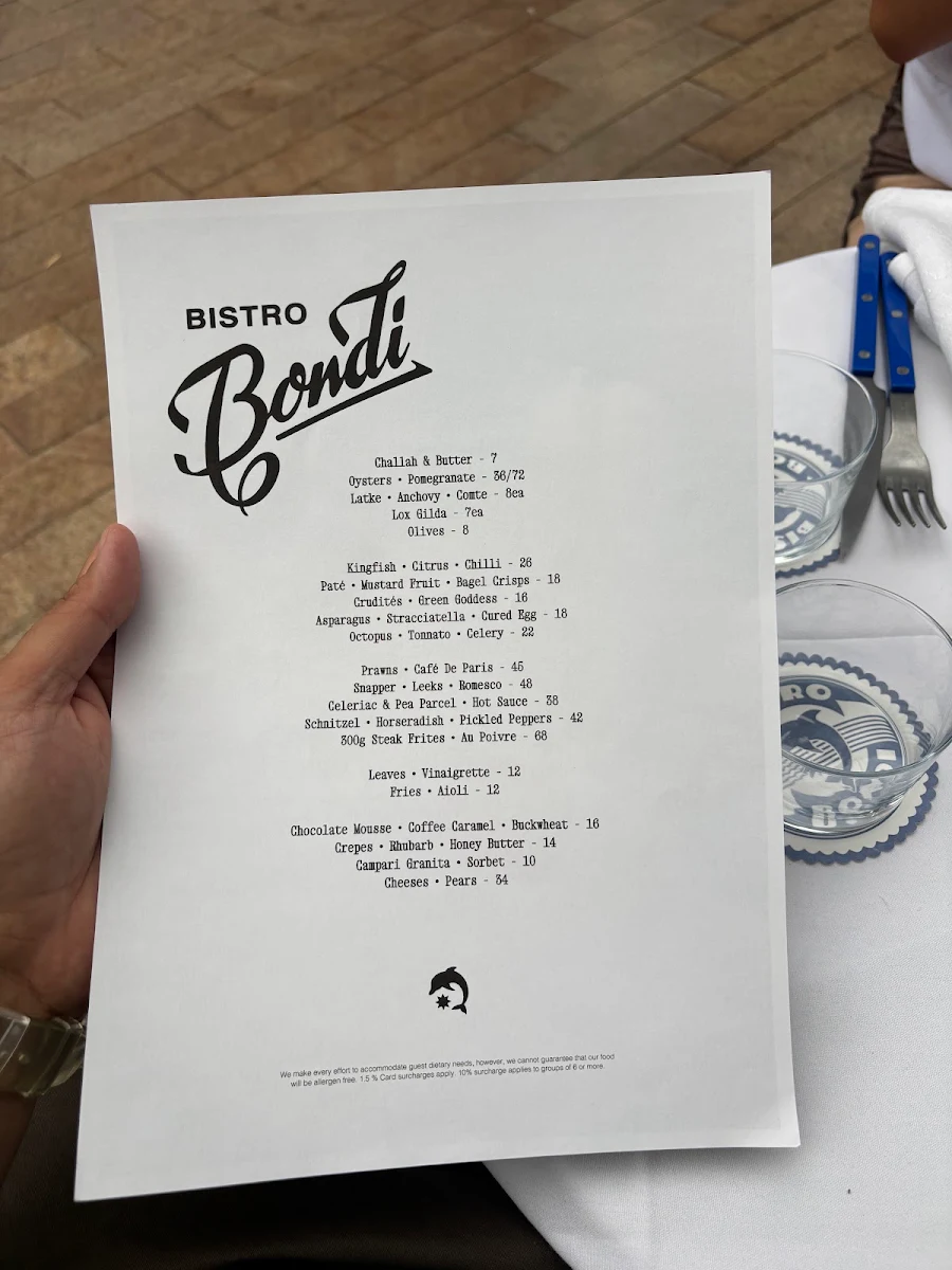 Menu, Bistro Bondi