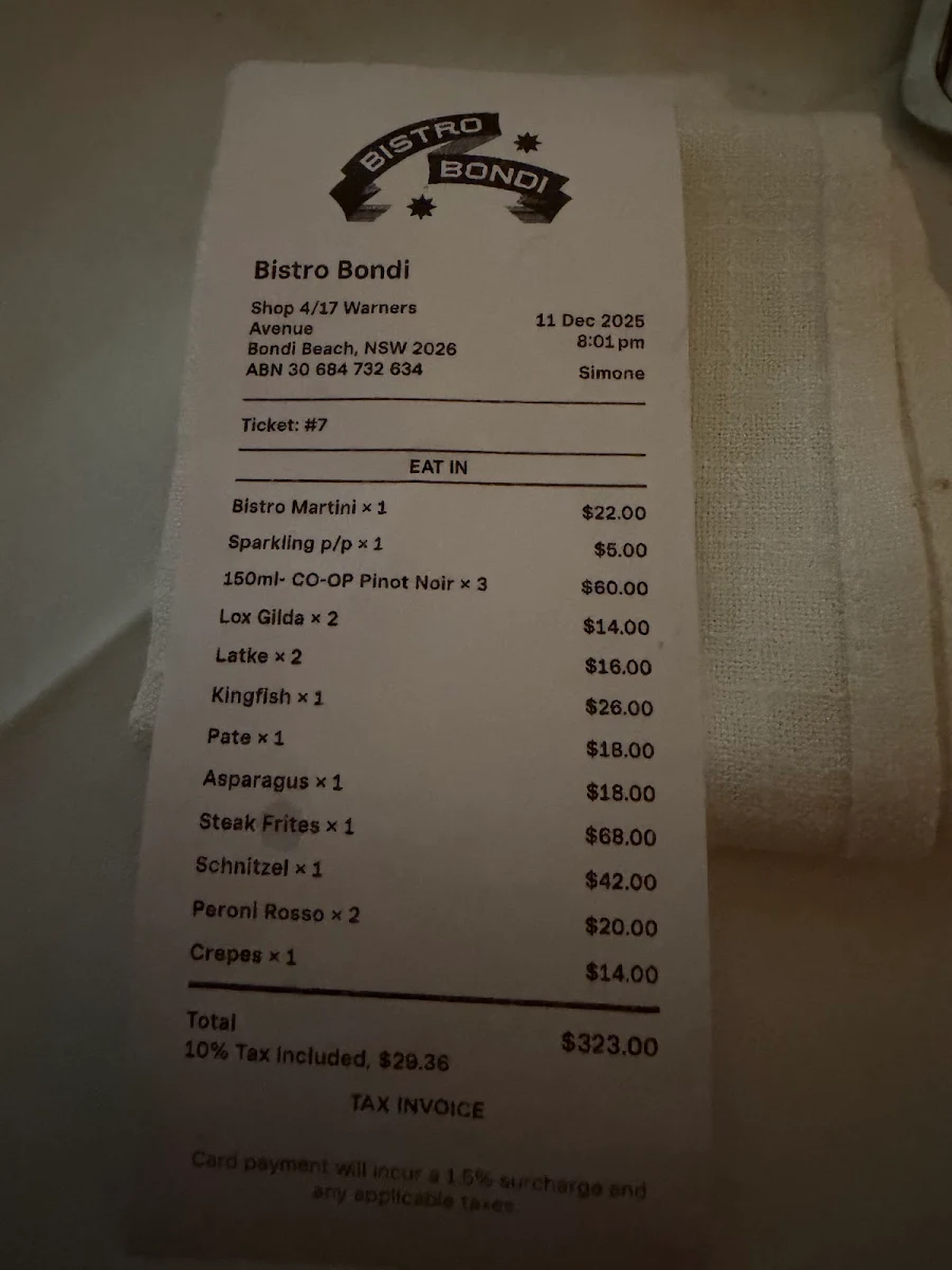 Menu, Bistro Bondi