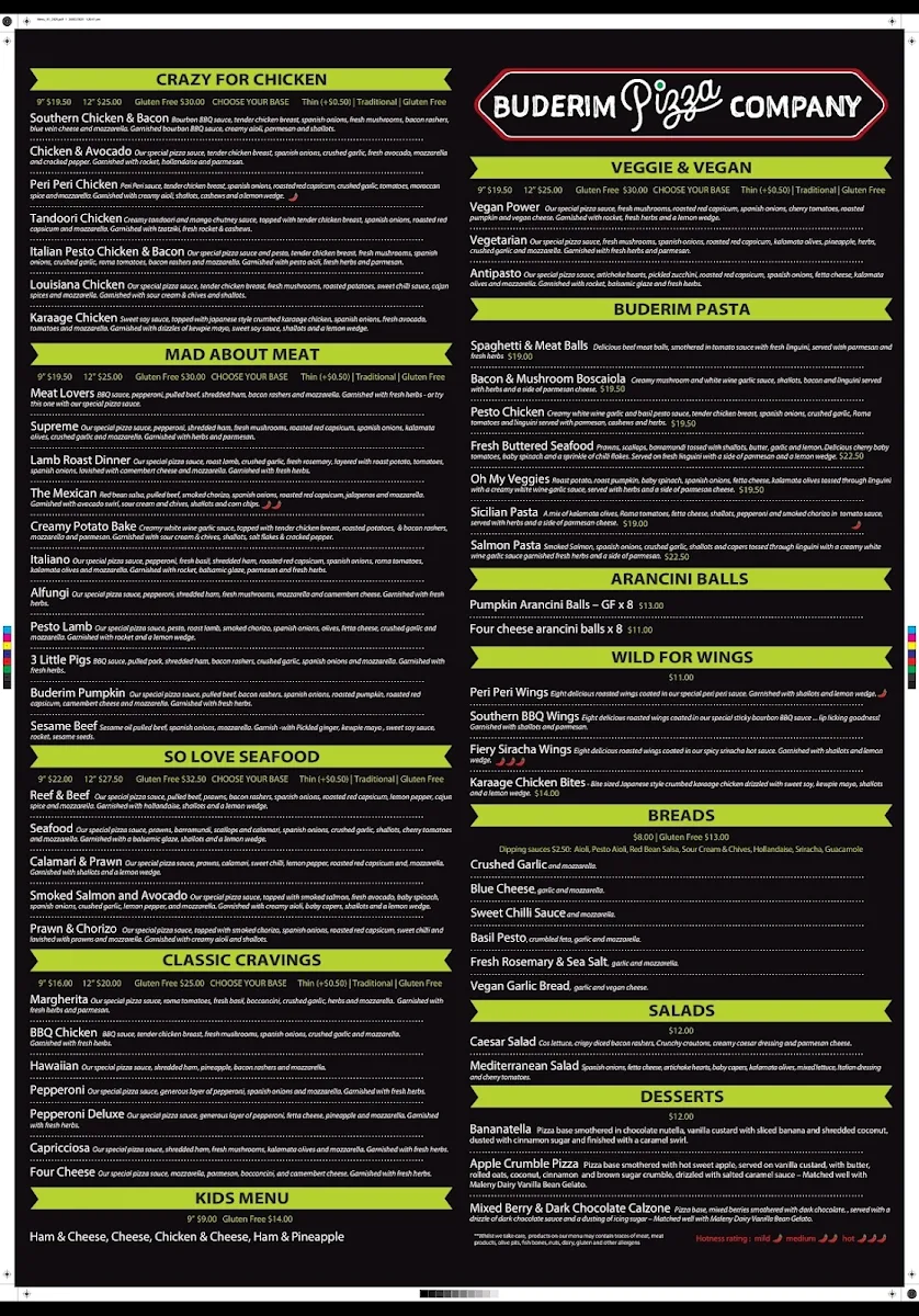 Menu, Buderim Pizza Company