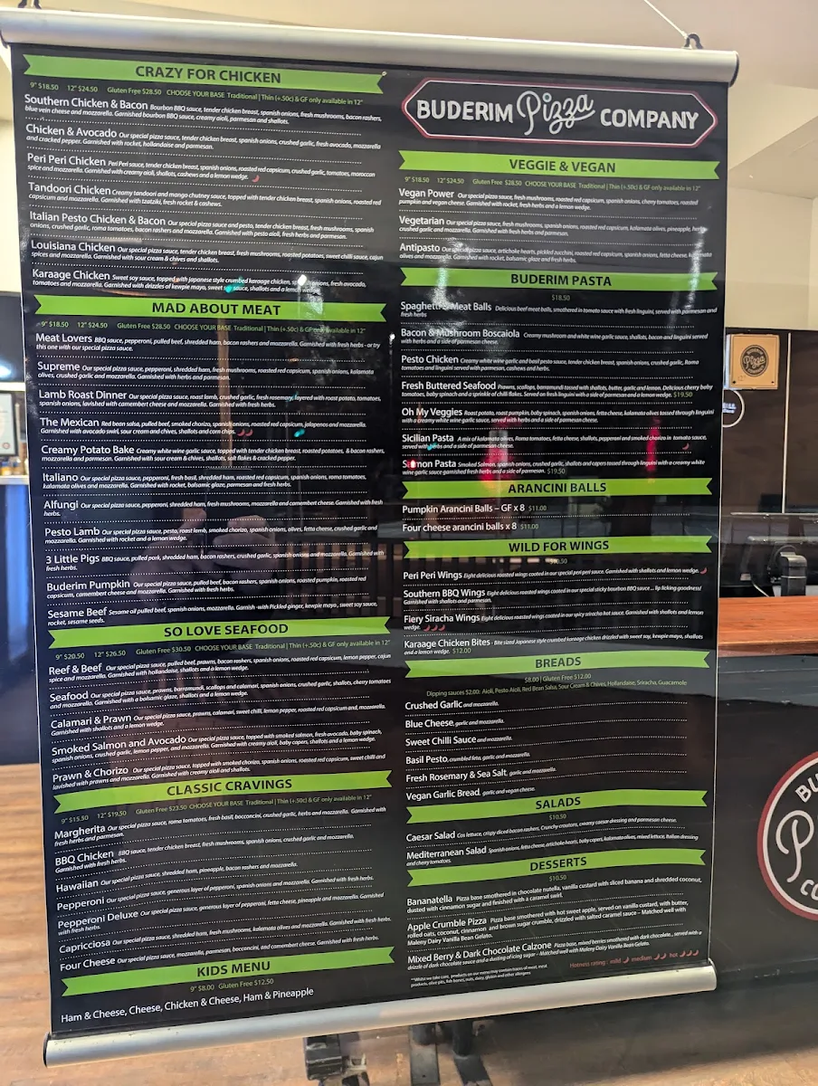 Menu, Buderim Pizza Company