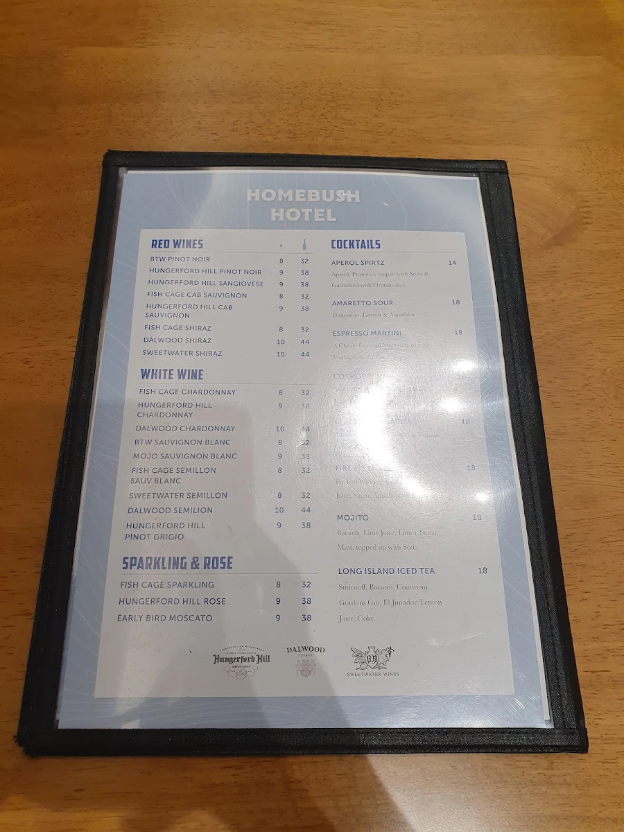 Menu, Homebush Hotel