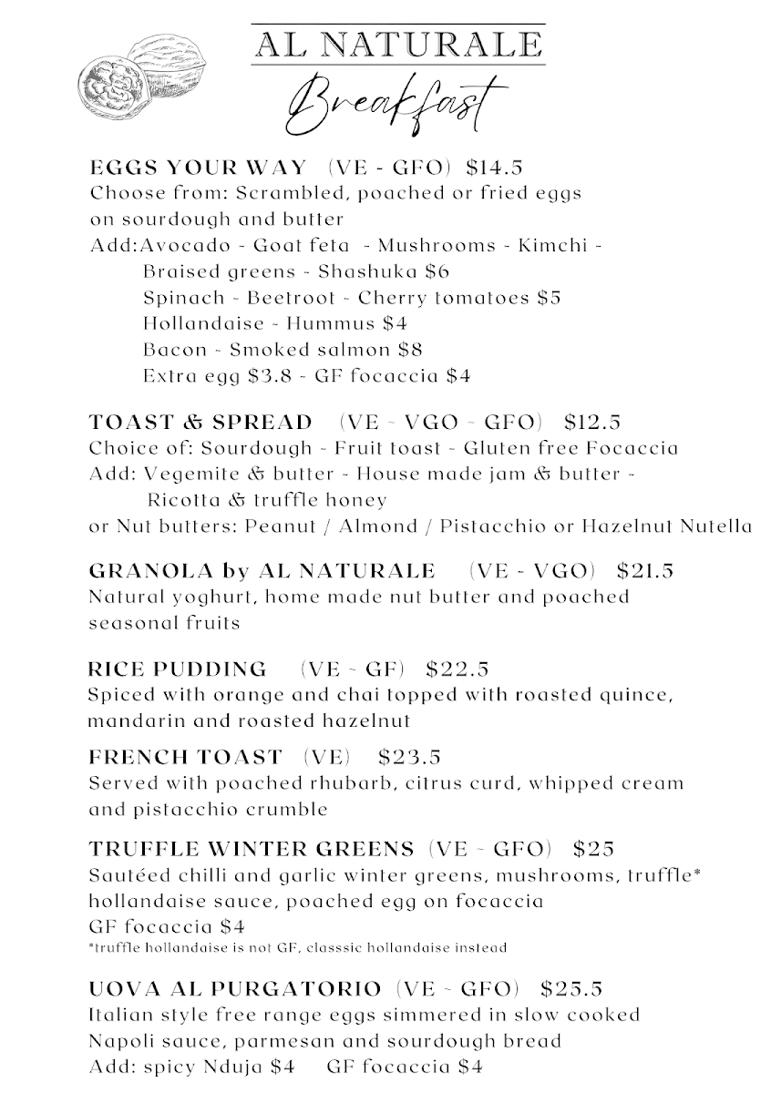 Menu, Al Naturale Cafe