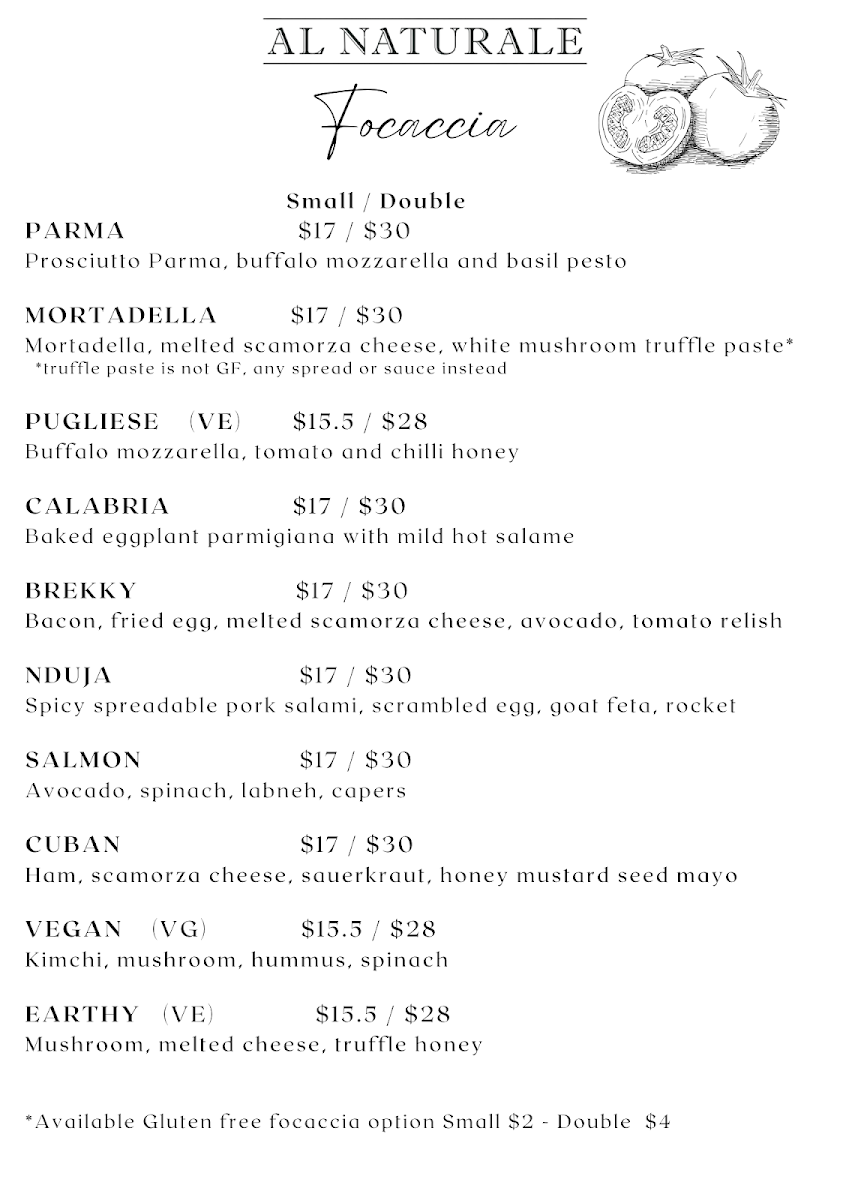 Menu, Al Naturale Cafe