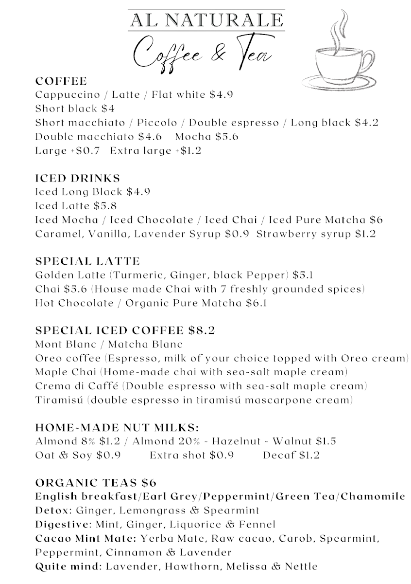 Menu, Al Naturale Cafe