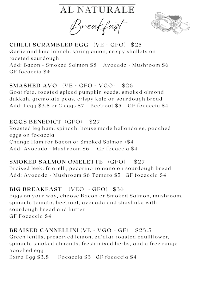 Menu, Al Naturale Cafe