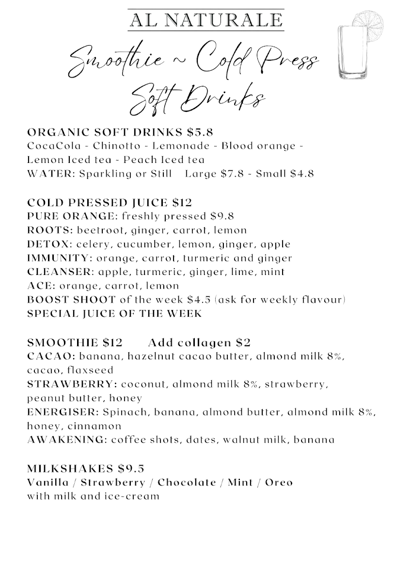Menu, Al Naturale Cafe