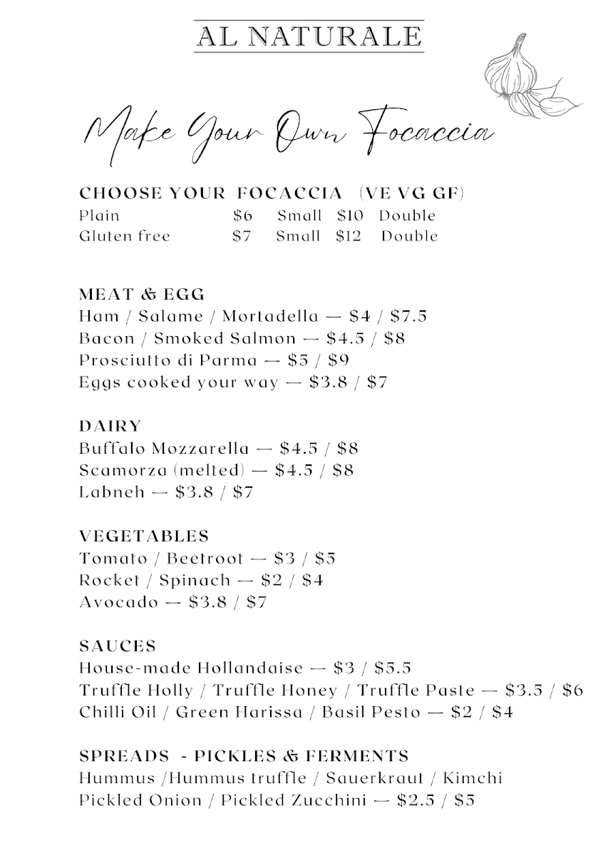 Menu, Al Naturale Cafe