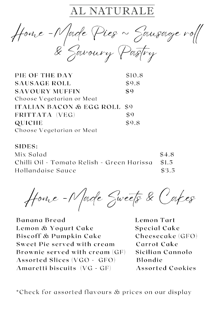 Menu, Al Naturale Cafe