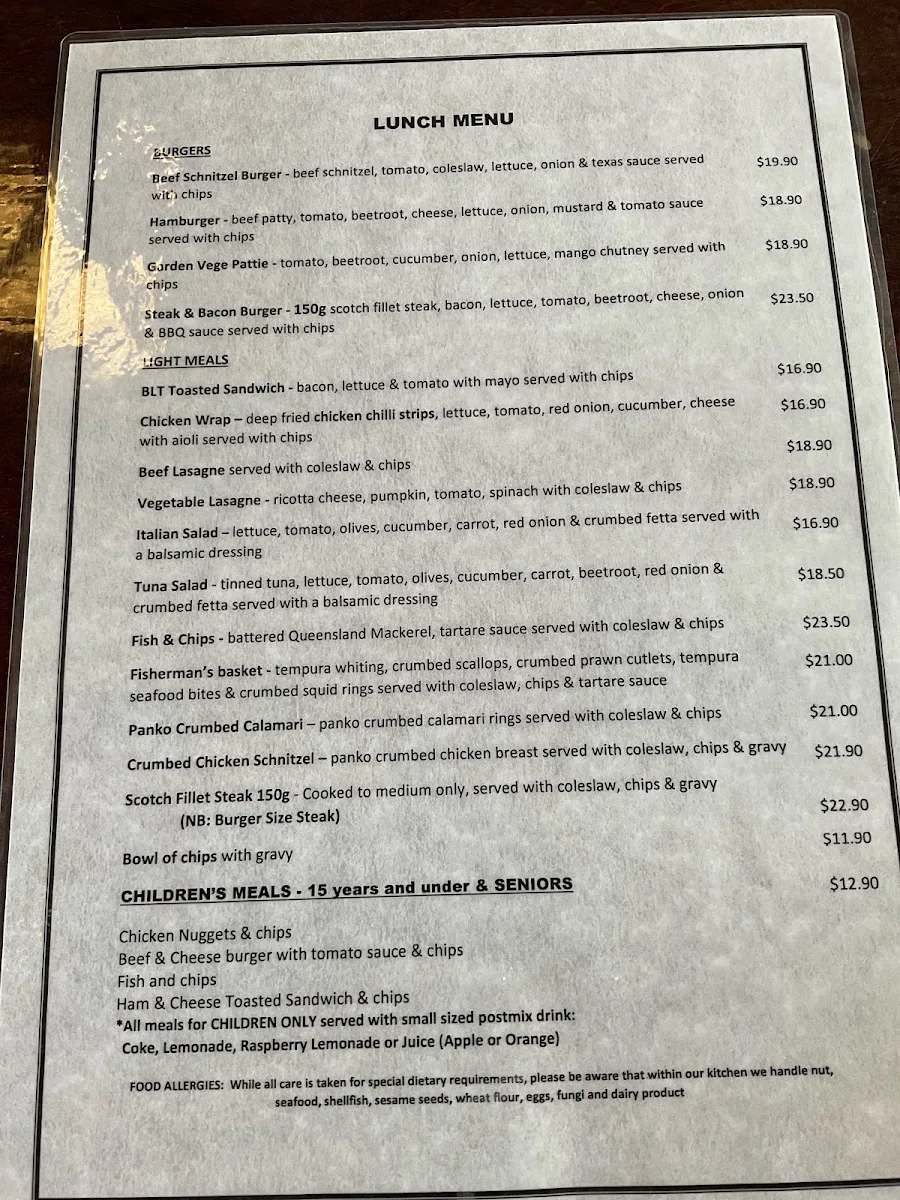 Menu, Barron Falls Hotel