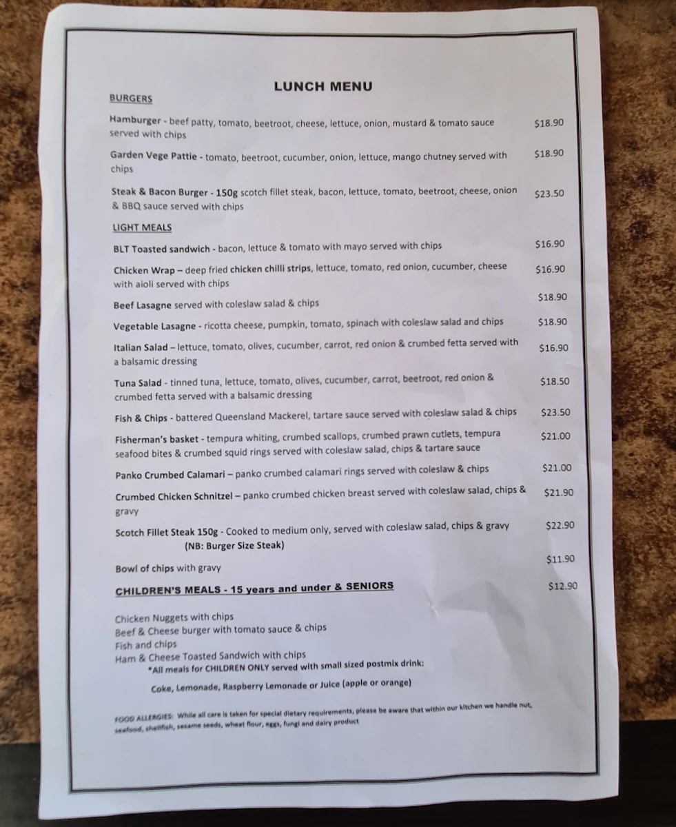 Menu, Barron Falls Hotel
