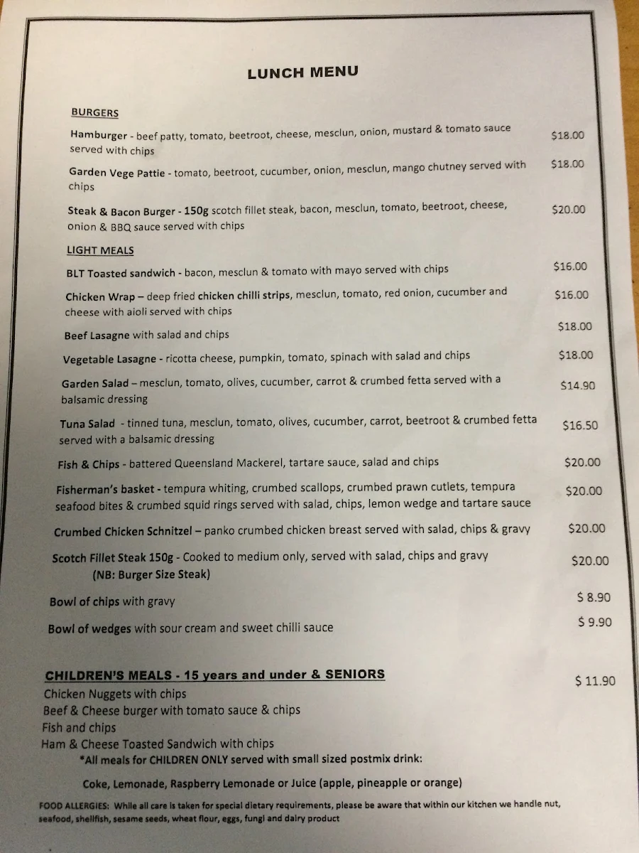 Menu, Barron Falls Hotel