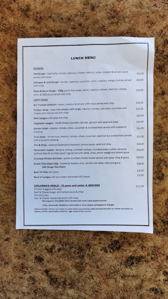 Menu, Barron Falls Hotel